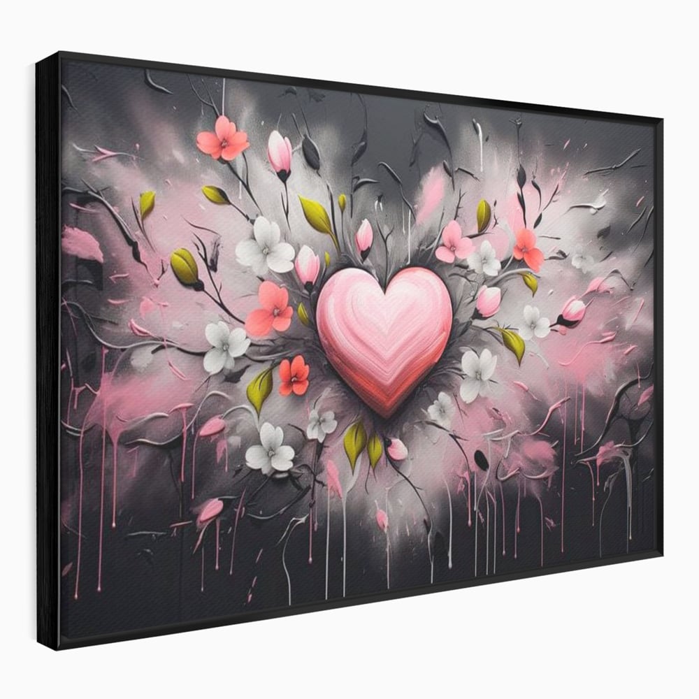 Tablou canvas cu tablou canvas cu inima roz si flori, in rama de aluminiu negru